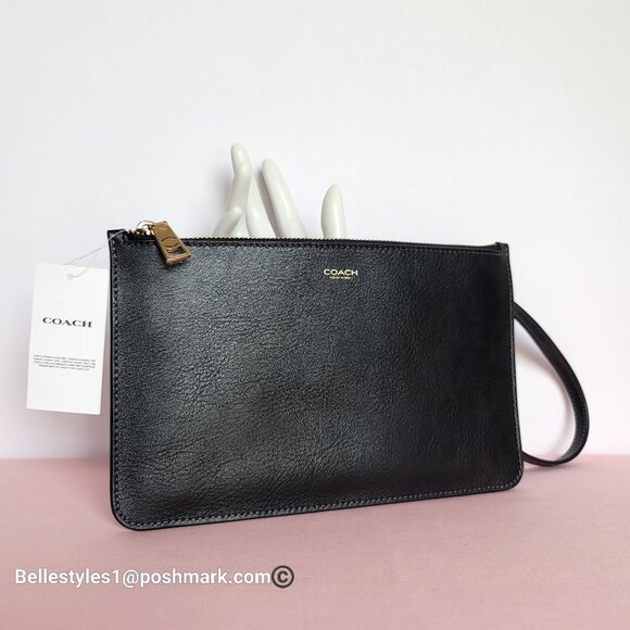 COACH New York Natural Grain Leather Top-Zip Pouch with Dog-clip Leash -Black ⭐ - Picture 3 of 16